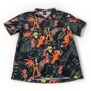 Naruto Print Graphic Hawaiian Black Button Up Shirt Short Sleeve Anime Mens Sz L